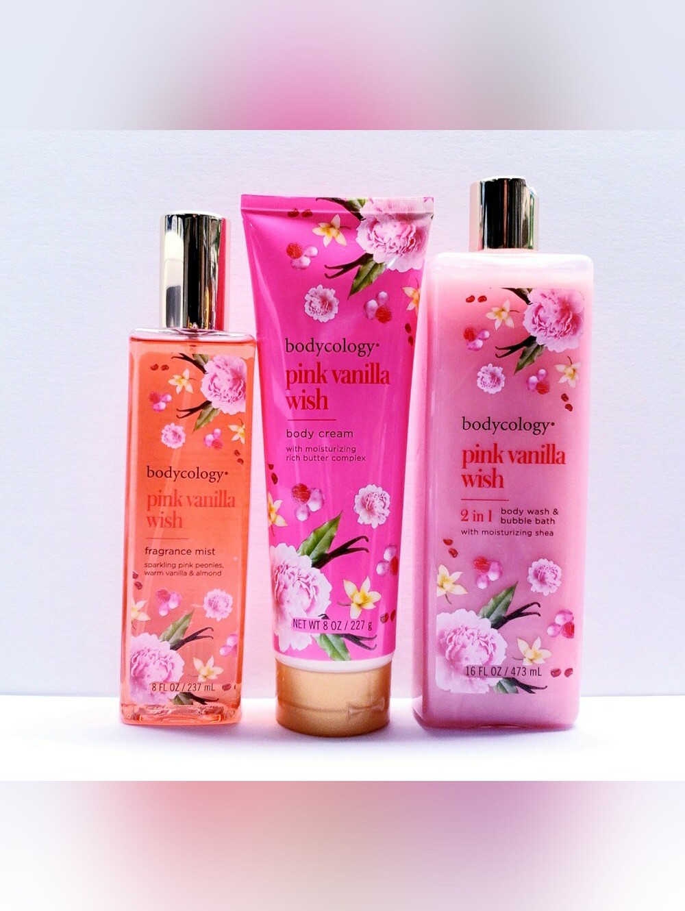 Bodycology PINK VANILLA WISH Body Cream, Fragrance Mist, and Body Wash - 3 pcs